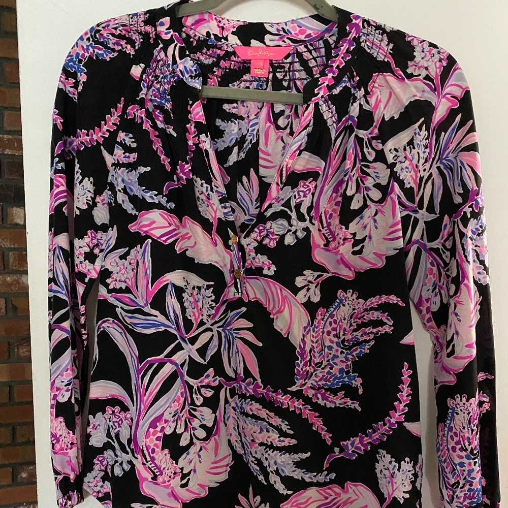Lilly Pulitzer black and pink floral silk Elsa blouse